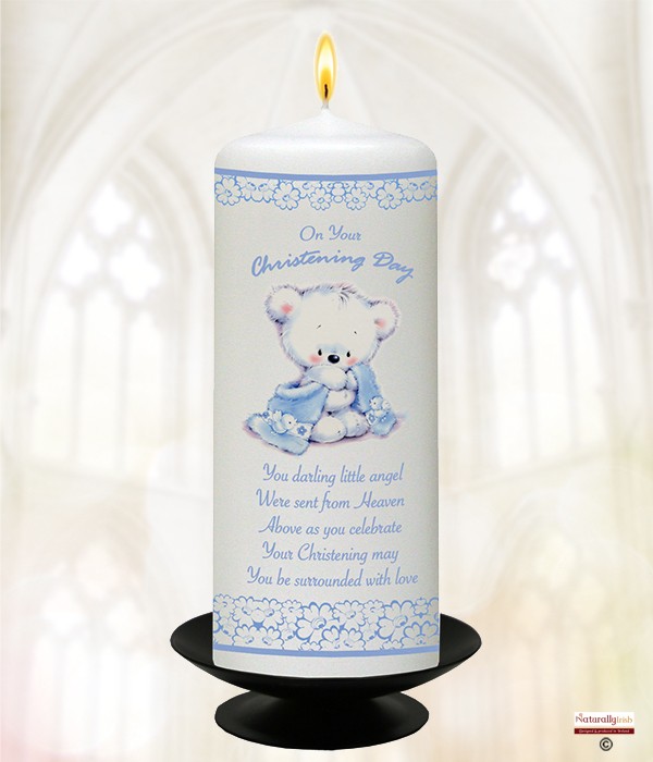 Hush Teddy & Flowers Blue Christening Candle