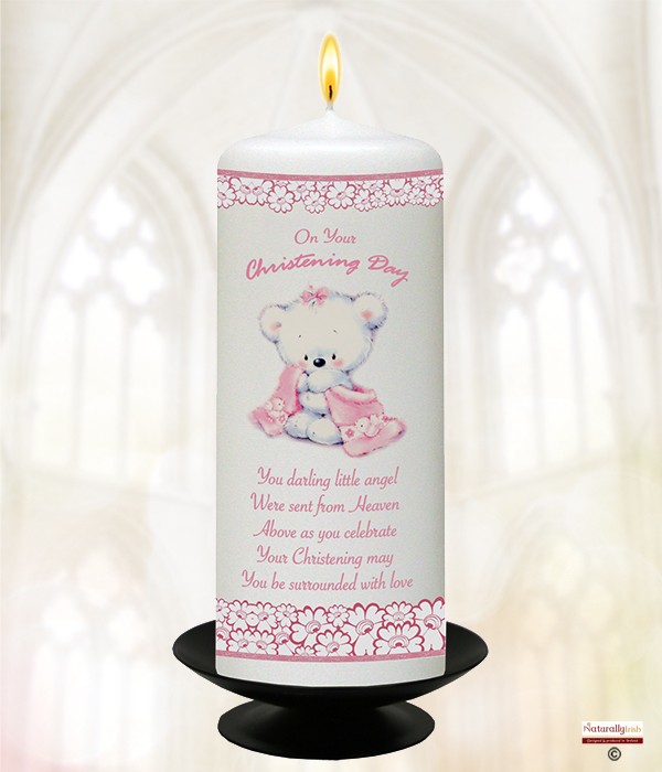 Hush Teddy & Flowers Pink Christening Candle
