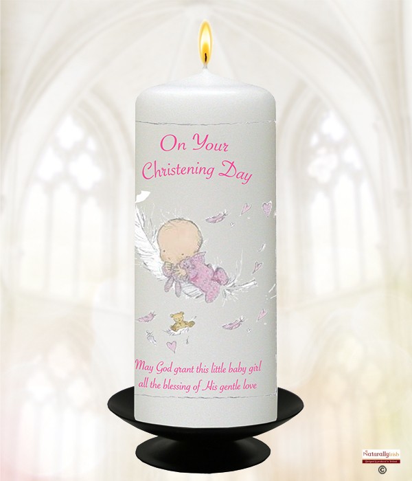 Feather Baby Pink Christening Candle