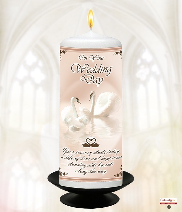 Wedding Heart and Swan Silhouette 6inch White Candle