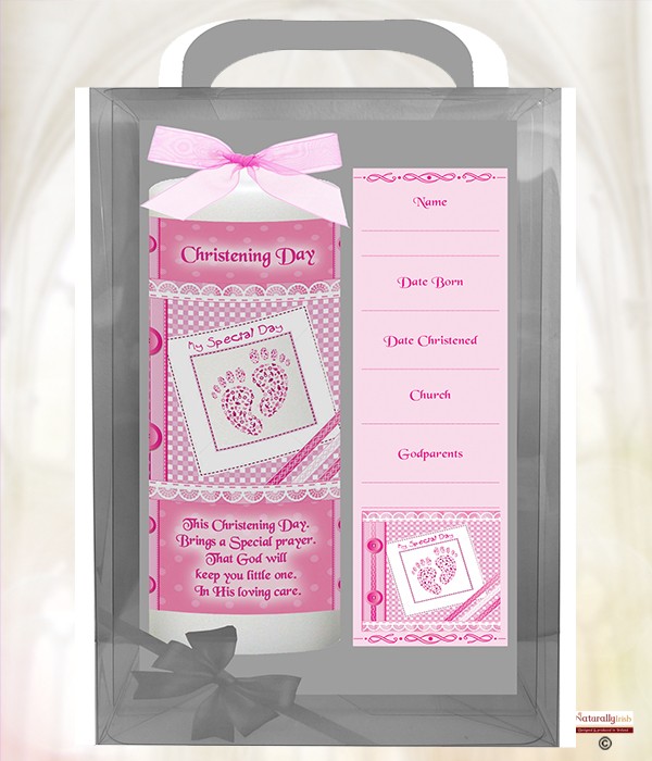 Baby Footprints Pink 6inch Christening Candle
