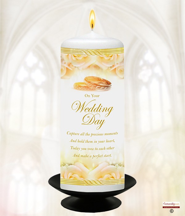 Wedding Roses and Gold Rings 6inch White Candle