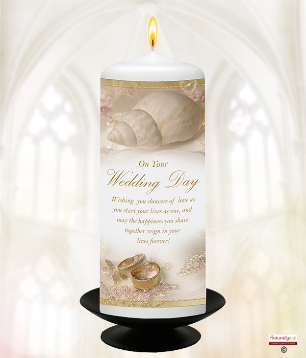 Wedding Seashells and Rings 6inch White Candle