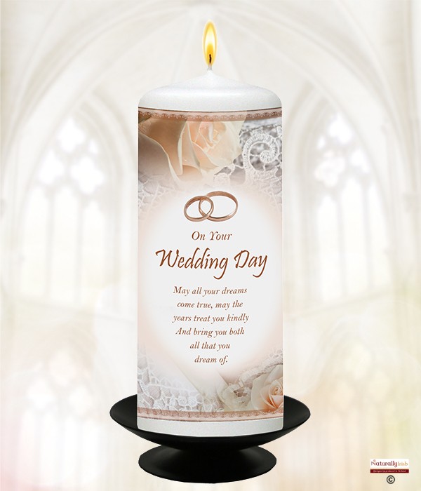 Wedding Peach Roses and Rings 6inch White Candle