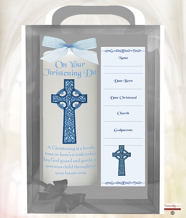 Irish Cross Blue 6inch Christening Candle