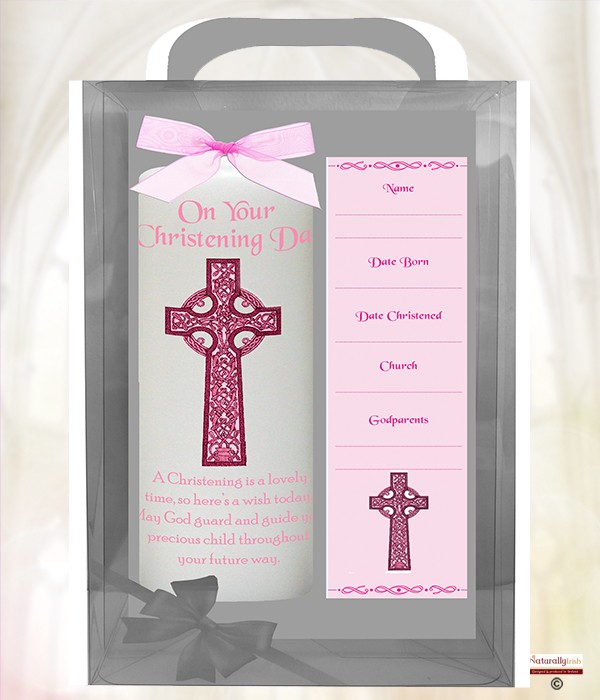 Irish Cross Pink 6inch Christening Candle
