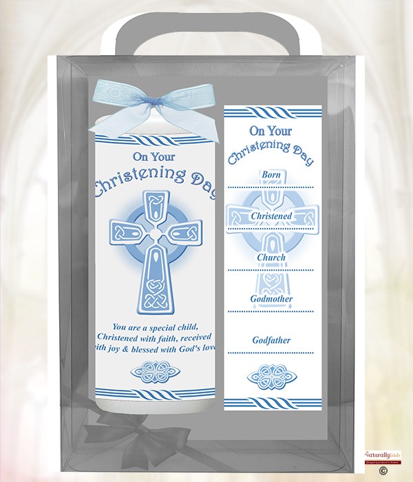 Celtic Cross Blue 6inch Christening Candle