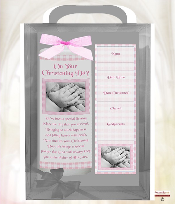 Gingham Hands Pink 6inch Christening Candle