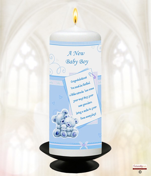 New Baby Cuddle Teddies Blue 6inch White Candle