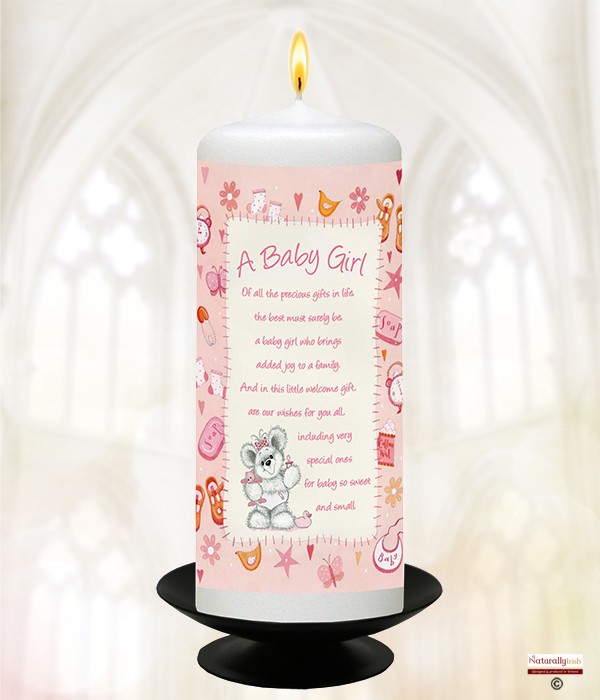 New Baby Sweet Teddy Pink 6inch White Candle