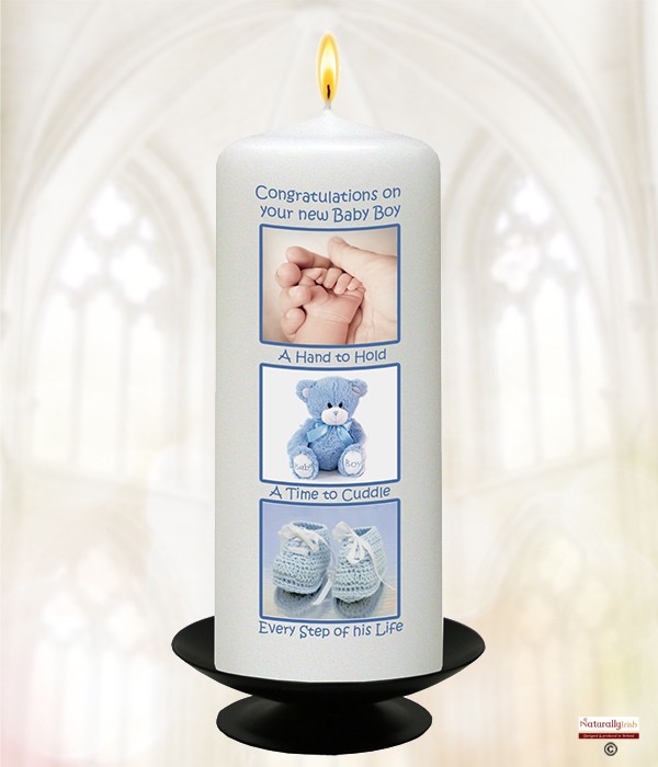 New Baby Teddy Squares Blue 6inch White Candle