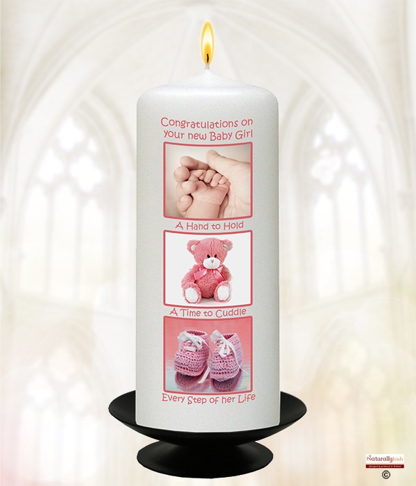 New Baby Teddy Squares Pink 6inch White Candle