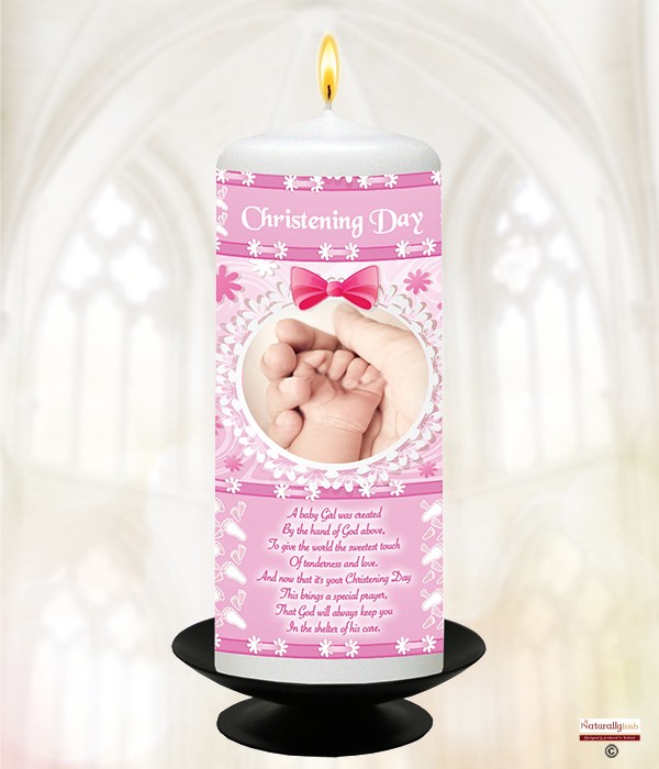 Flower Bow & Hands Pink Christening Candle