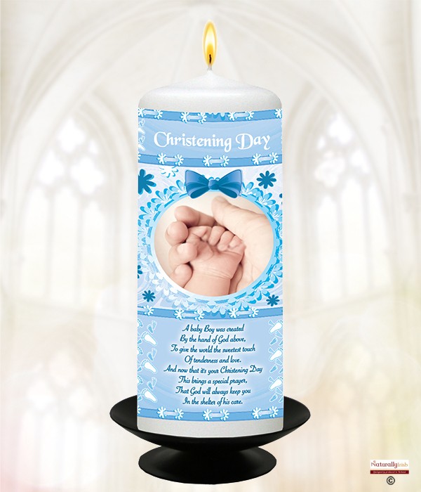 Flower & Bow Hands Blue Christening Candle