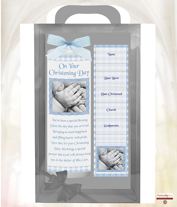 Gingham Hands Blue 6inch Christening Candle