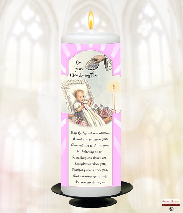 Cross & Rays Traditional Pink Christening Candle