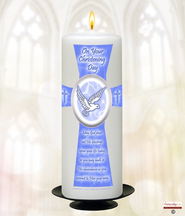 Holy Cross & Dove Blue Christening Candle