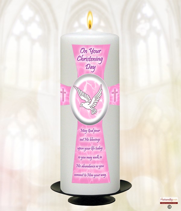 Holy Cross & Dove Pink Christening Candle
