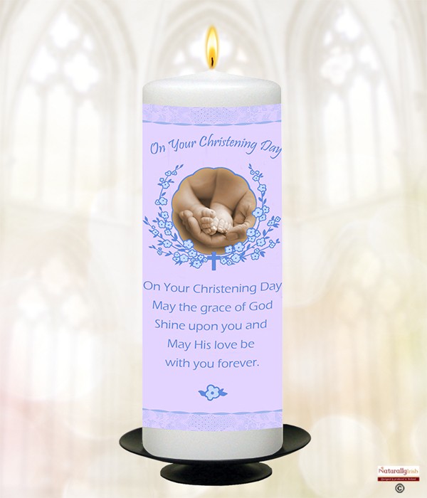 Feet, Flowers & Cross Blue Christening Candle