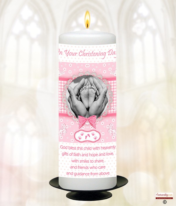 Butterflies & Feet Pink Christening Candle