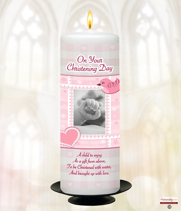 Hand Bird & Heart Blue Christening Candle