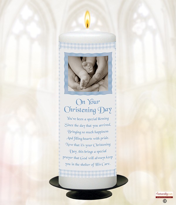 Gingham Feet Blue Christening Candle