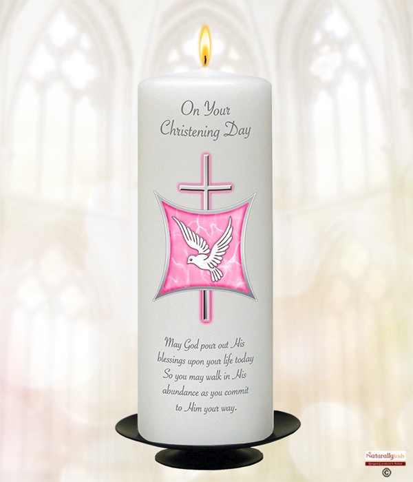 Cross & Shield Pink Christening Candle