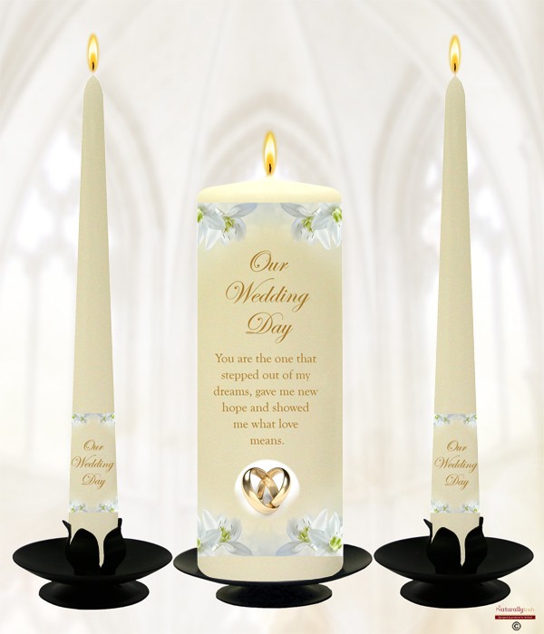 Orchids & Entwined Rings Gold Wedding Candles