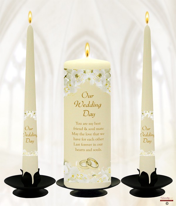 White Orchids & Gold Rings Wedding Candles