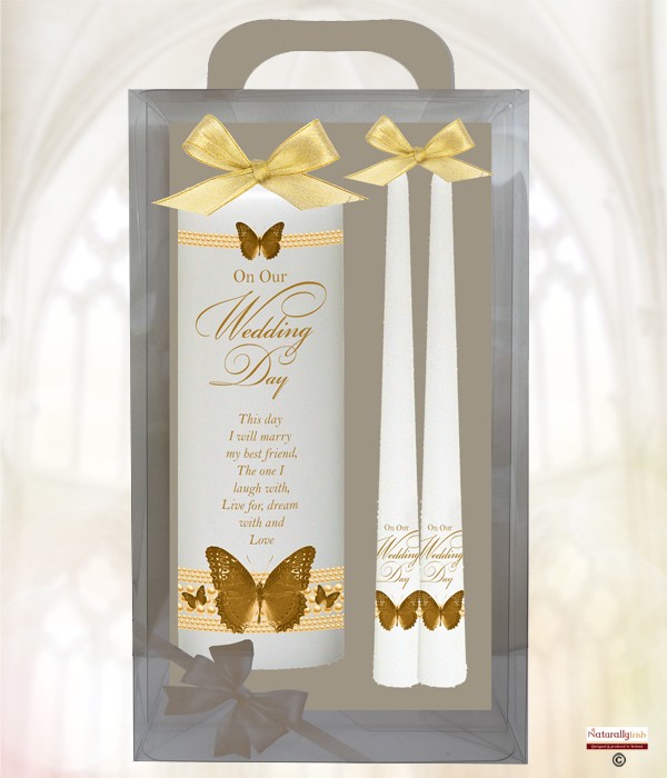 Butterfly & Pearls Gold Wedding Candles