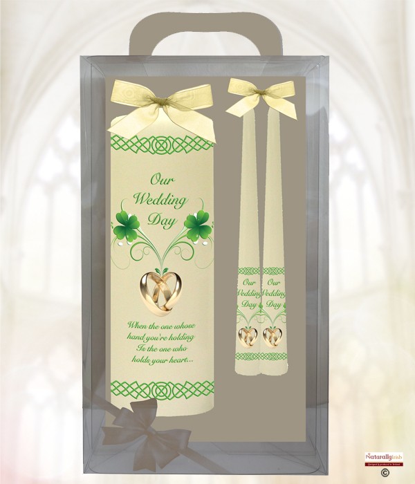 Four Leaf Clover & Gold Rings with Green Script Wedding Candles