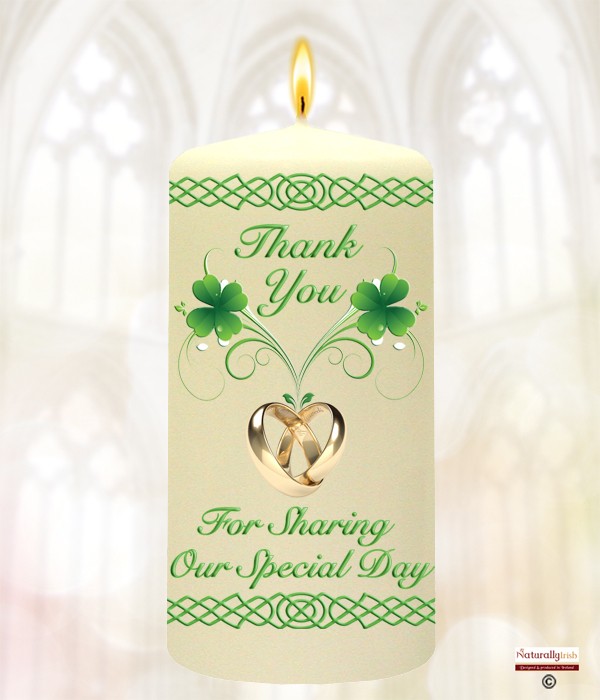 Four Leaf Clover & Gold Rings with Green Script Favour Candle