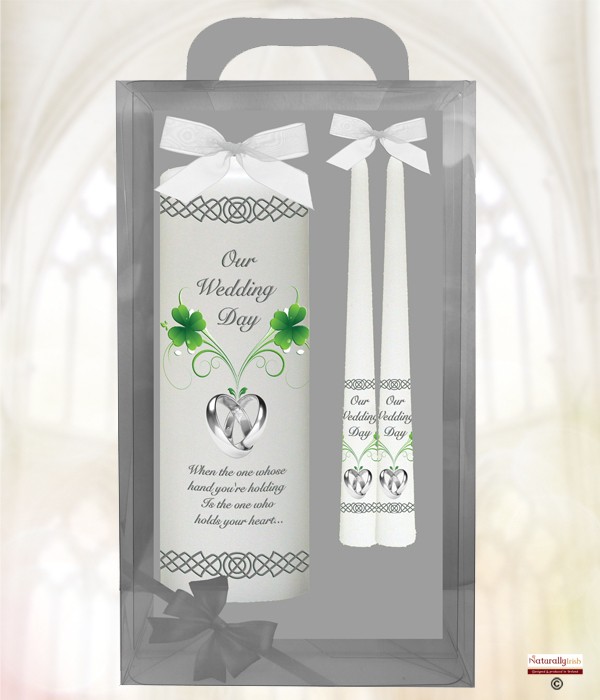 Four Leaf Clover & Silver Rings Wedding Candles