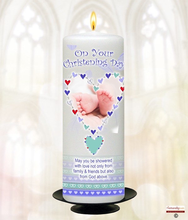 Feathered Heart Blue Christening Candle