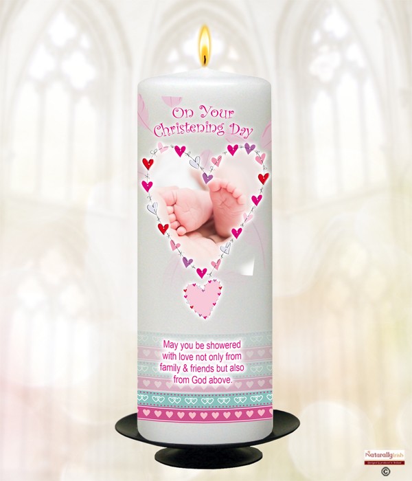 Feathered Heart Pink Christening Candle