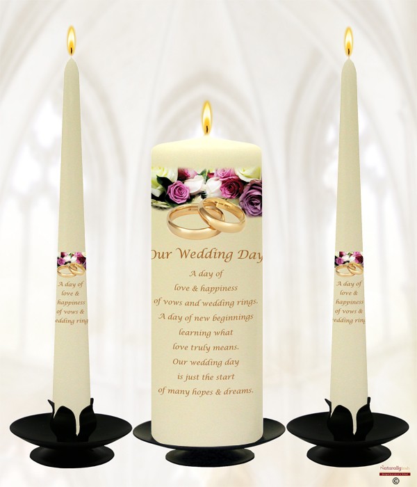 Gold Rings with Purple & Cream Roses Wedding Candles