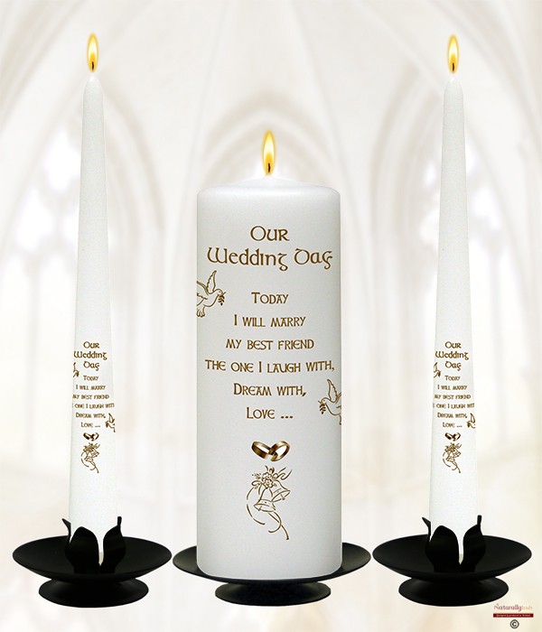 Bells, Dove & Gold Rings Wedding Candles