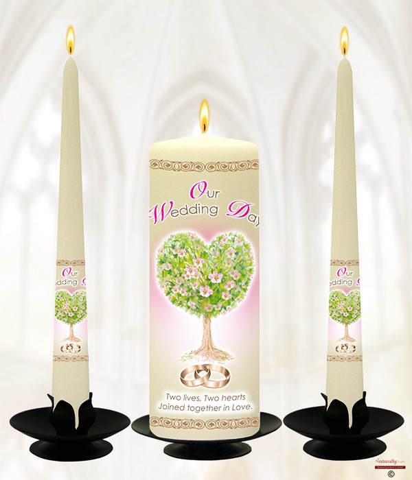 Heart Tree, Gold Rings & Pink Flowers Wedding Candles