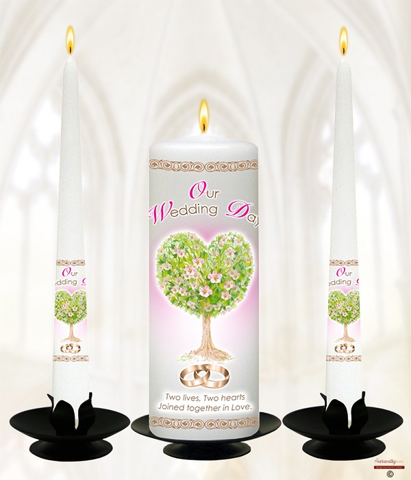 Heart Tree, Gold Rings & Pink Flowers Wedding Candles