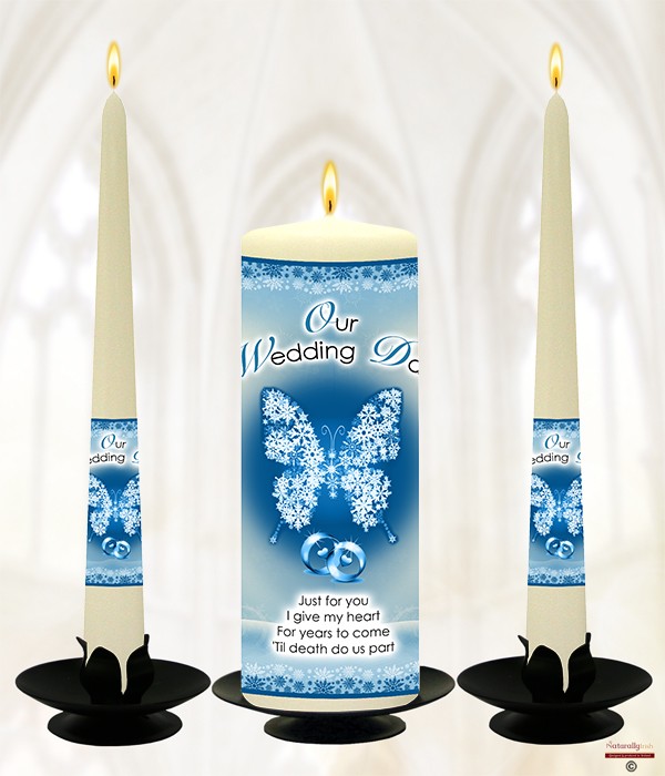 Blue Snowflake Butterfly & Rings Wedding Candles