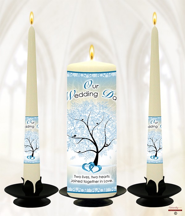 Blue Winter Tree & Love Hearts Wedding Candles
