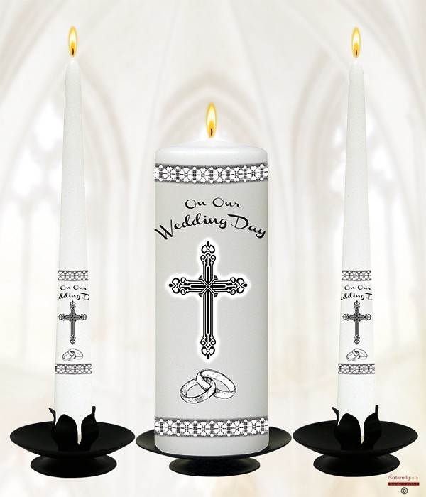Elegant Cross & Silver Rings Wedding Candles