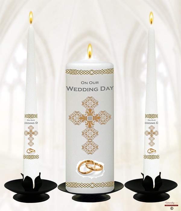 Ornate Cross & Gold Rings Wedding Candles