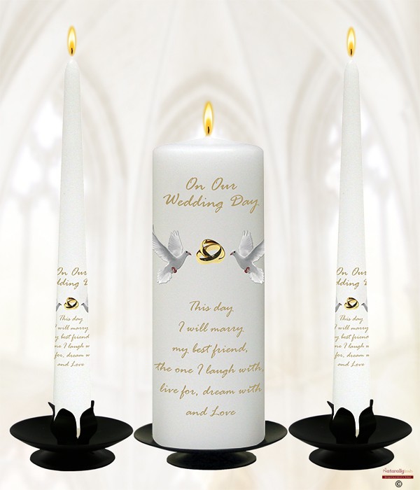 Entwined Gold Rings & Doves Wedding Candles