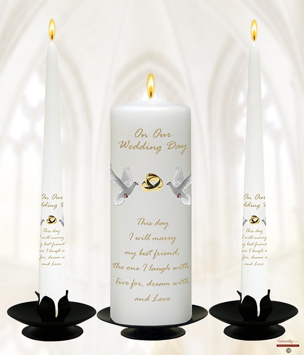 Entwined Gold Rings & Doves Wedding Candles