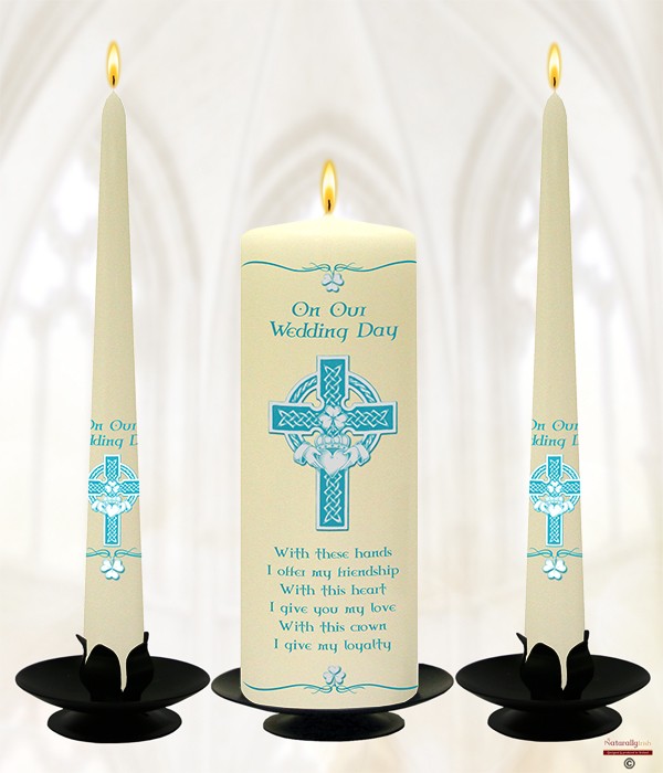 Claddagh, Cross & Shamrock Blue Wedding Candles