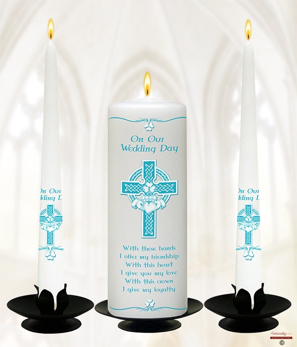 Claddagh, Cross & Shamrock Blue Wedding Candles