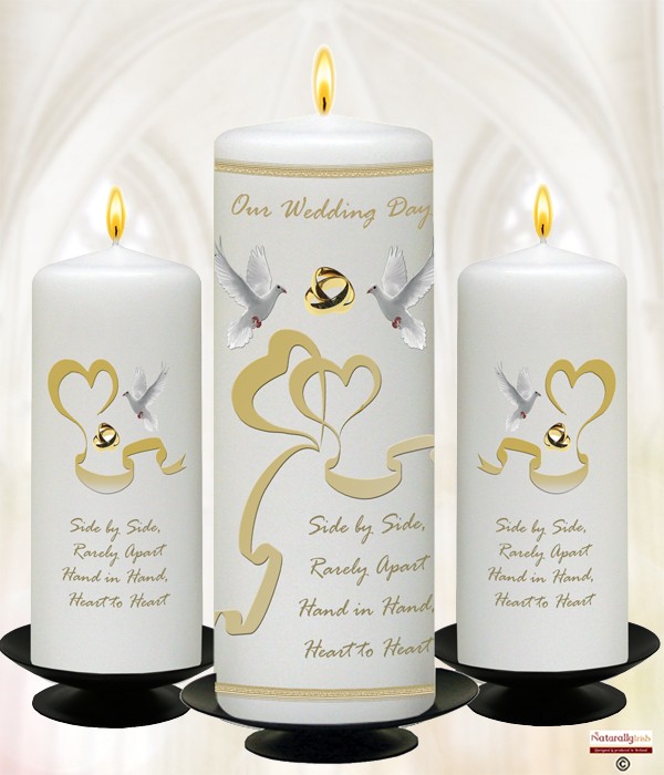 Two Hearts & Doves Gold Wedding Set 9inch & 6inch Pillars