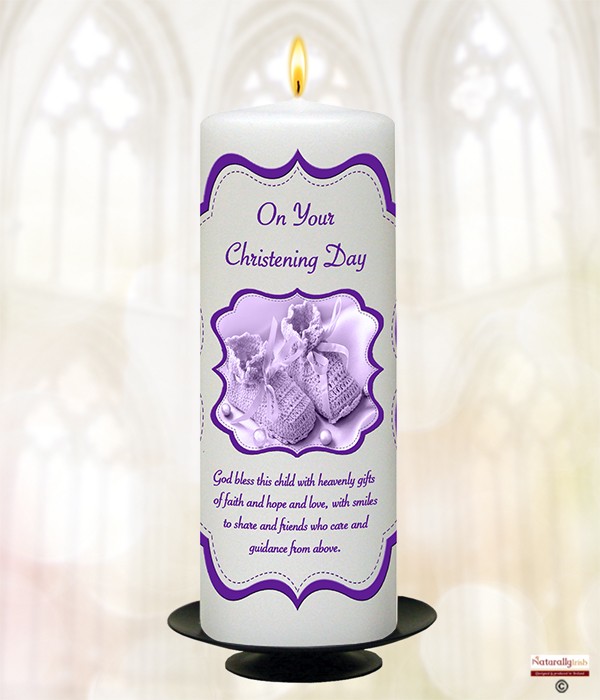 Scroll & Boots Purple Christening Candle