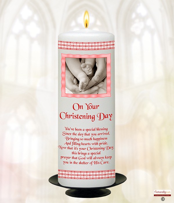 Gingham Feet Red Christening Candle